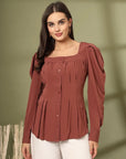 Women Collarless Solid Full Sleeves Buttoned Top