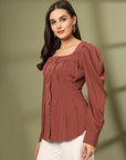 Women Collarless Solid Full Sleeves Buttoned Top