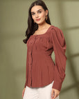 Women Collarless Solid Full Sleeves Buttoned Top