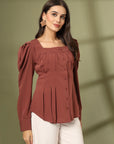 Women Collarless Solid Full Sleeves Buttoned Top