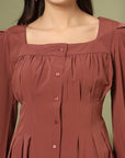 Women Collarless Solid Full Sleeves Buttoned Top