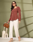 Women Collarless Solid Full Sleeves Buttoned Top