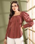 Women Collarless Solid Full Sleeves Buttoned Top