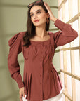 Women Collarless Solid Full Sleeves Buttoned Top