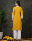 Mustard Yellow & White Ethnic Motifs Printed Pure Cotton A Line Kurta