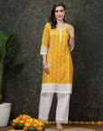 Mustard Yellow & White Ethnic Motifs Printed Pure Cotton A Line Kurta