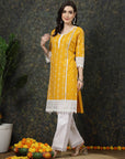 Mustard Yellow & White Ethnic Motifs Printed Pure Cotton A Line Kurta