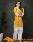 Mustard Yellow & White Ethnic Motifs Printed Pure Cotton A Line Kurta