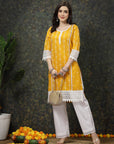 Mustard Yellow & White Ethnic Motifs Printed Pure Cotton A Line Kurta