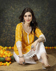 Mustard Yellow & White Ethnic Motifs Printed Pure Cotton A Line Kurta