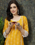 Mustard Yellow & White Ethnic Motifs Printed Pure Cotton A Line Kurta