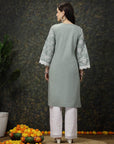 Sea Green & White Floral Printed Pure Cotton Straight Kurta