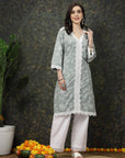 Sea Green & White Floral Printed Pure Cotton Straight Kurta