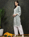 Sea Green & White Floral Printed Pure Cotton Straight Kurta