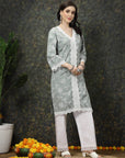 Sea Green & White Floral Printed Pure Cotton Straight Kurta