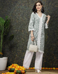 Sea Green & White Floral Printed Pure Cotton Straight Kurta