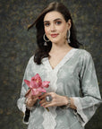 Sea Green & White Floral Printed Pure Cotton Straight Kurta