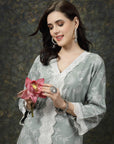 Sea Green & White Floral Printed Pure Cotton Straight Kurta