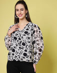 White Floral Printed V-Neck Puff Sleeve Buttoned Top Style Top
