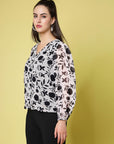 White Floral Printed V-Neck Puff Sleeve Buttoned Top Style Top