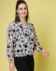White Floral Printed V-Neck Puff Sleeve Buttoned Top Style Top
