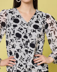 White Floral Printed V-Neck Puff Sleeve Buttoned Top Style Top