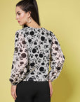 White Floral Printed V-Neck Puff Sleeve Buttoned Top Style Top