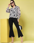 White Floral Printed V-Neck Puff Sleeve Buttoned Top Style Top