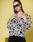 White Floral Printed V-Neck Puff Sleeve Buttoned Top Style Top