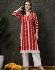 Red Floral Printed Thread Work Cotton Straight Kurta