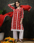 Red Floral Printed Thread Work Cotton Straight Kurta