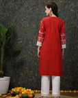 Red Ethnic Motifs Printed V-Neck Pure Cotton Kurta
