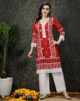 Red Ethnic Motifs Printed V-Neck Pure Cotton Kurta