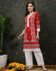 Red Ethnic Motifs Printed V-Neck Pure Cotton Kurta