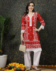 Red Ethnic Motifs Printed V-Neck Pure Cotton Kurta