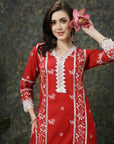 Red Ethnic Motifs Printed V-Neck Pure Cotton Kurta
