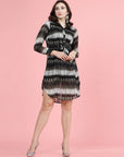Abstract Print Cuffed Sleeves Shirt Style Dress - CINK