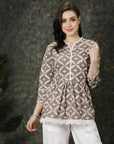 Brown Ethnic Motifs Embroidered Thread Work Pure Cotton A-Line Kurti