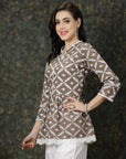 Brown Ethnic Motifs Embroidered Thread Work Pure Cotton A-Line Kurti