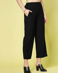 Women Black Solid Parallel Trousers