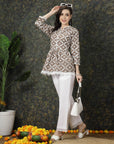 Brown Ethnic Motifs Embroidered Thread Work Pure Cotton A-Line Kurti
