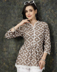 Brown Ethnic Motifs Embroidered Thread Work Pure Cotton A-Line Kurti