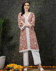 Pink Ethnic Motifs Printed Lace Detail Cotton Straight Kurta