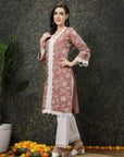 Pink Ethnic Motifs Printed Lace Detail Cotton Straight Kurta