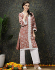 Pink Ethnic Motifs Printed Lace Detail Cotton Straight Kurta