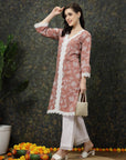 Pink Ethnic Motifs Printed Lace Detail Cotton Straight Kurta