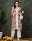 Pink Ethnic Motifs Printed Lace Detail Cotton Straight Kurta