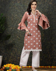 Pink Floral Printed Thread Work Bell Sleeves Cotton Straight Kurta