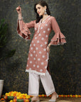 Pink Floral Printed Thread Work Bell Sleeves Cotton Straight Kurta