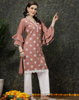 Pink Floral Printed Thread Work Bell Sleeves Cotton Straight Kurta